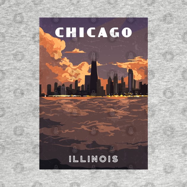 Chicago, Illinois, USA. Sunset.Retro travel poster by GreekTavern